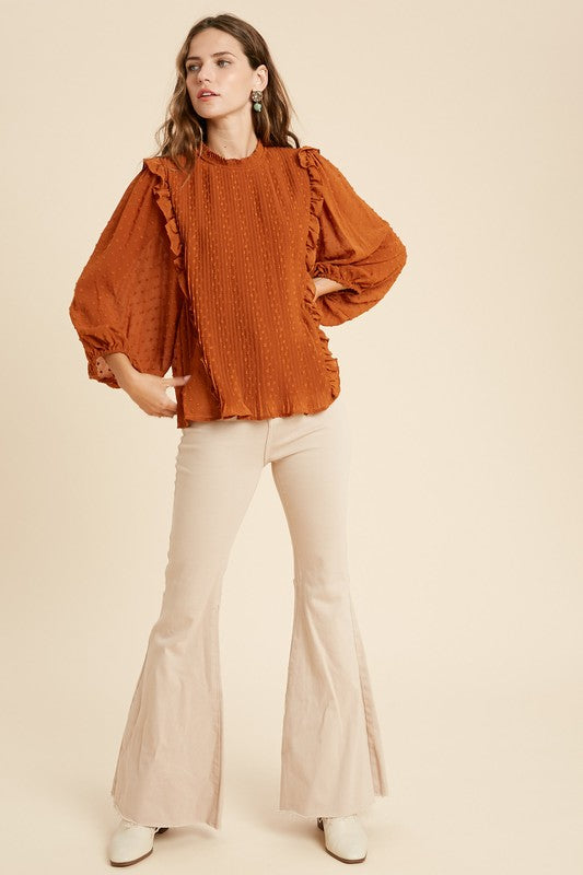 Swiss Dot Ruffle Tuck Blouse