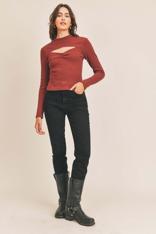 Mock Neck Cutout Rib Top