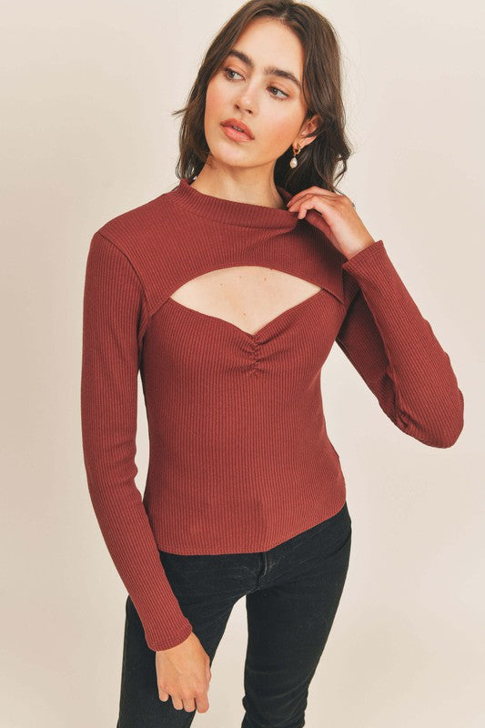 Mock Neck Cutout Rib Top